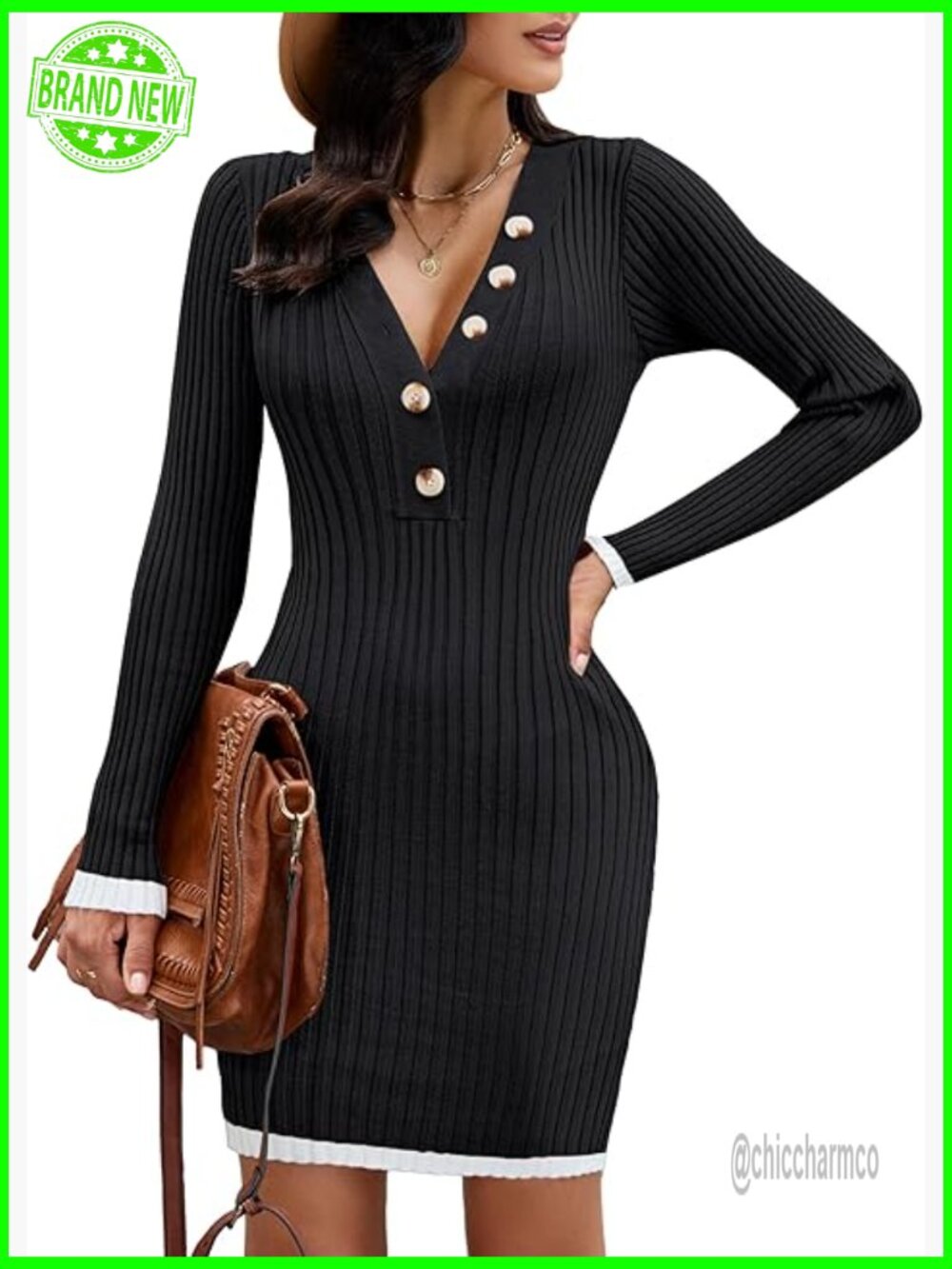 Long Sleeve V-Neck Ribbed Knit Bodycon Mini Sweater Dress Slim Fit